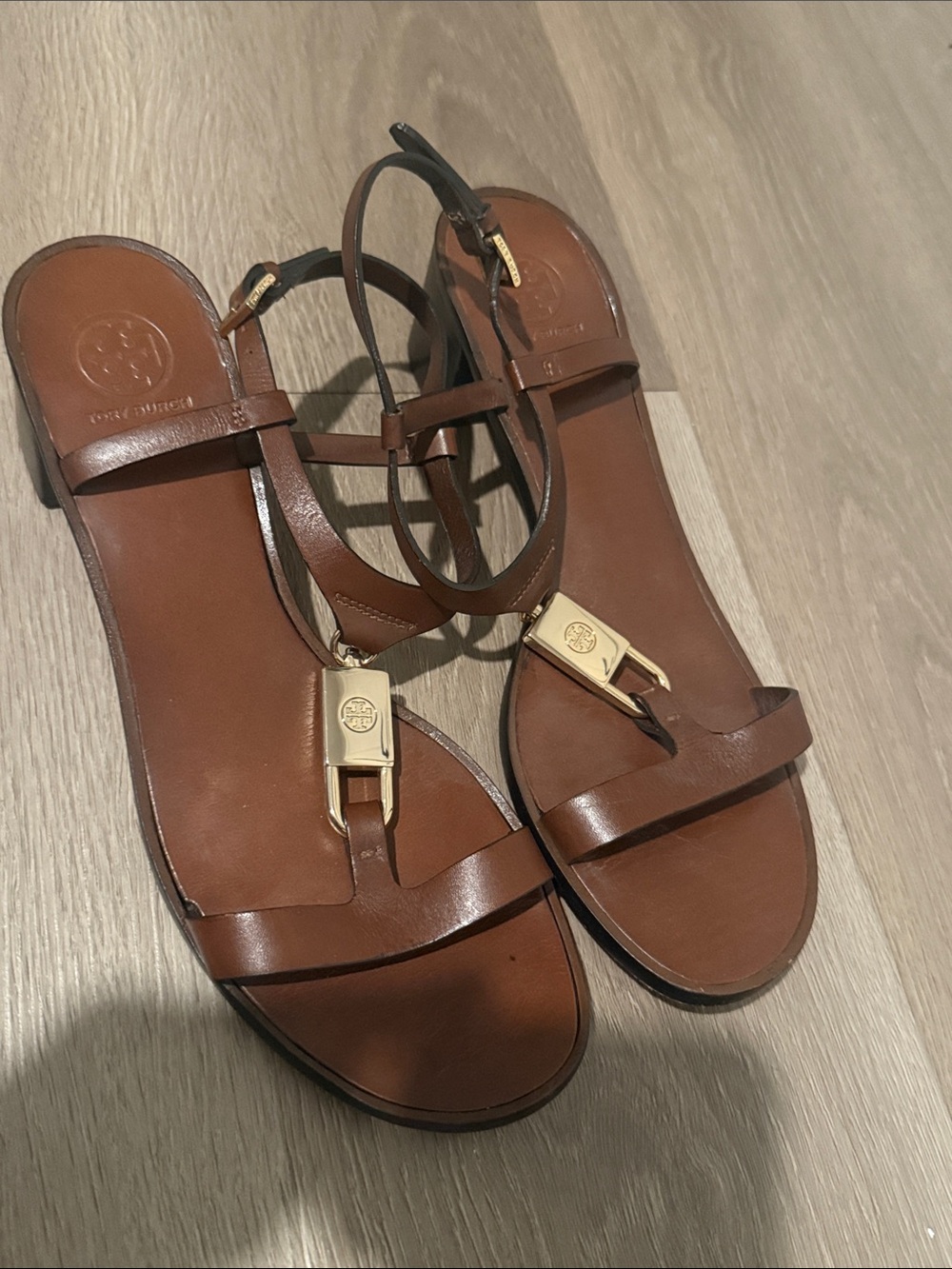 Tory Burch Brown Leather T-Strap Sandals with Gold Hardware